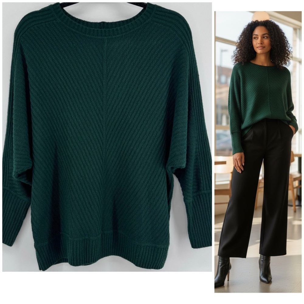 Worthington Winter Forest Green Sweater Cable Knit Batwing Sleeve Women's Sz PL